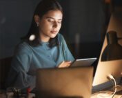 Night research, social media management employee planning. Social media, marketing or search internet for innovation, creative or work strategy