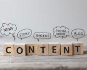 Create Content strategy Concept. Content wording on wooden cubes with speech bubbles.