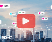Digital composite of a city skyline with social media engagement icons and red YouTube play button.