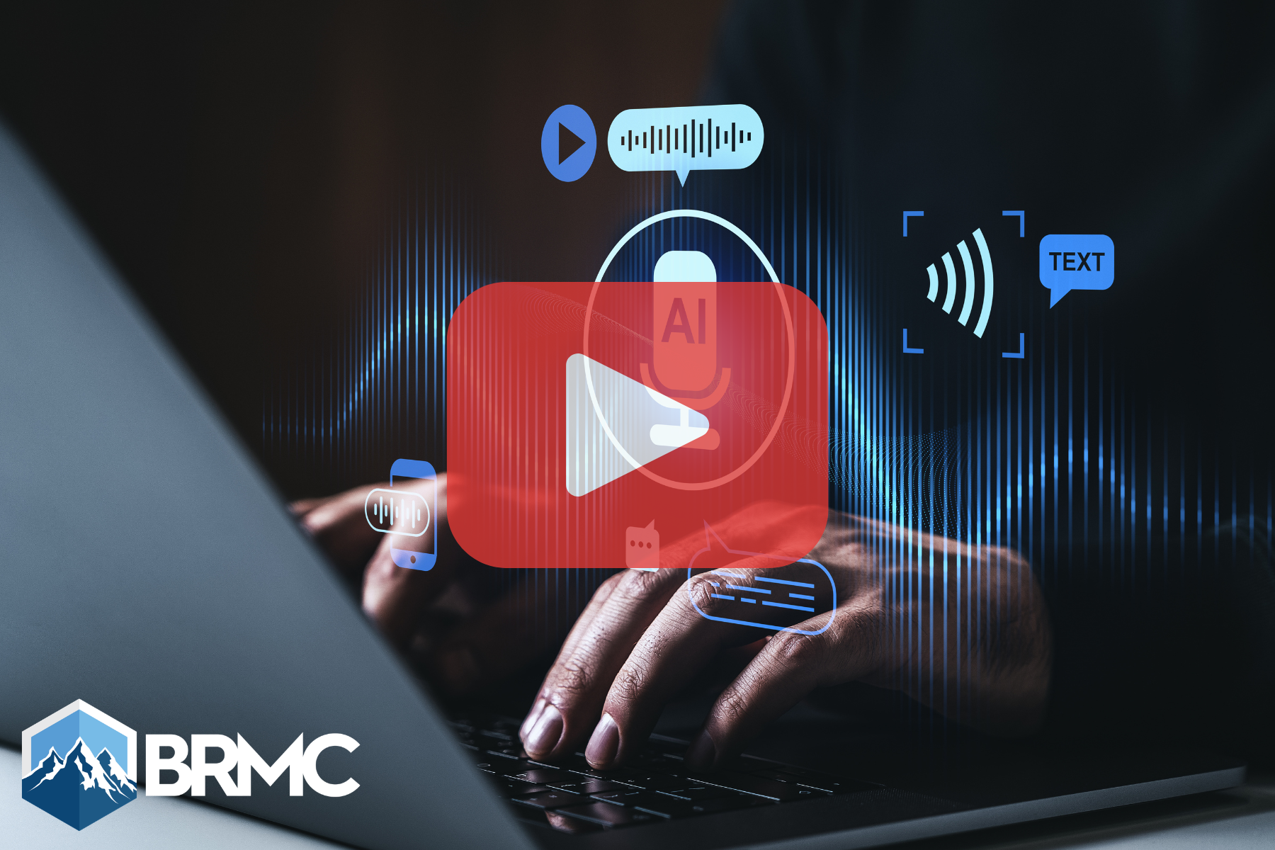 Person typing on computer with animated microphone and red play butotn overlay.