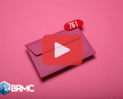 Envelope with pink background. Red play button overlay and BRMC logo.