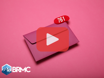 Envelope with pink background. Red play button overlay and BRMC logo.