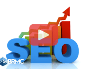 Word: SEO with analytics symbols and red play button overlay with BRMC logo.