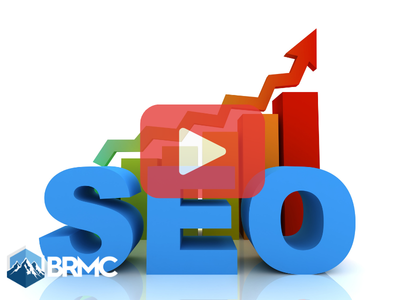 Word: SEO with analytics symbols and red play button overlay with BRMC logo.