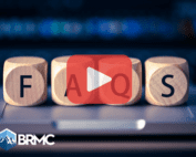 Wooden cubes spelling FAQS. Red play button overlay and BRMC logo}.