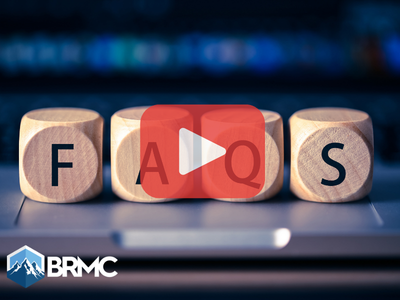 Wooden cubes spelling FAQS. Red play button overlay and BRMC logo}.