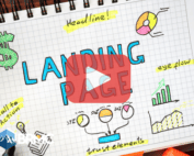 Notebook page with words: Landing Page and images. Red play buttom overlay and BRMC.