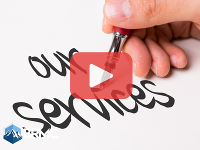 Person writing words, our services. Red play buttom overlay and BRMC logo.